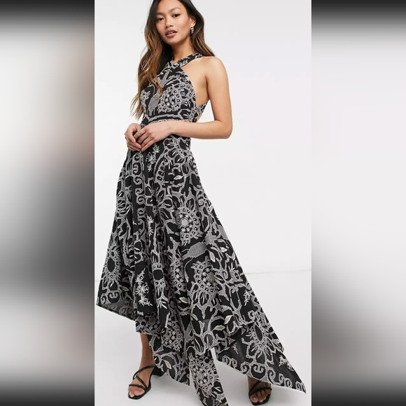 ASOS EDITION 🖤 embroidered halter midi dress with cutout sides in black - Picture 2 of 3